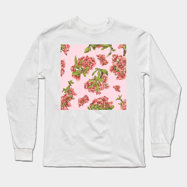 Watercolor quince branch on pink Long Sleeve T-Shirt by orsinha